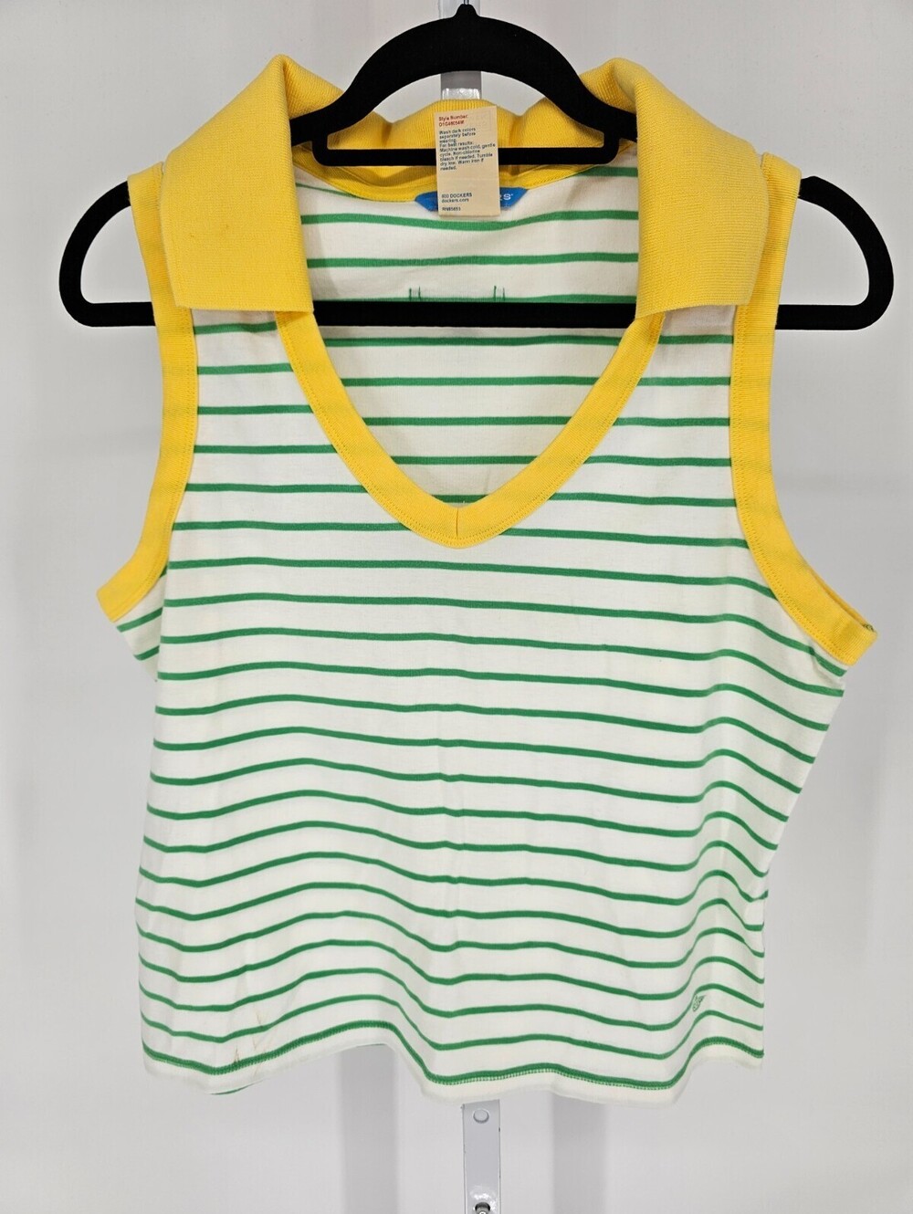 Vintage Y2K Dockers Womens Sz XL Sleeveless Polo Shirt Green Yellow Striped